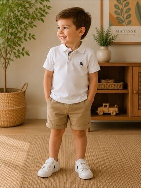 Burberry White Polo Shirt with Navy Logo for Kids